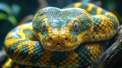 Fototapeta premium Close-up of a vibrant green and yellow snake resting on a branch.