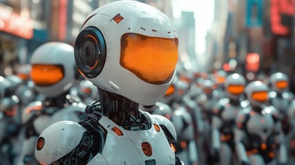 Crowd of humanoid robots marching through a city street in daylight