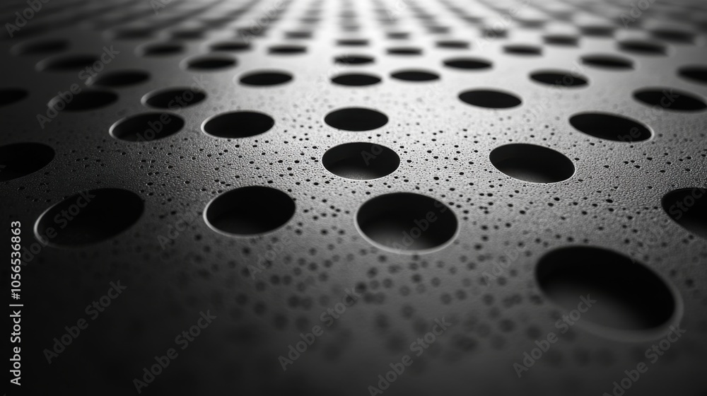 Poster close-up of a textured surface with circular holes and droplets.