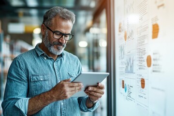 Logistics manager holding a tablet and checking inventory in a warehouse