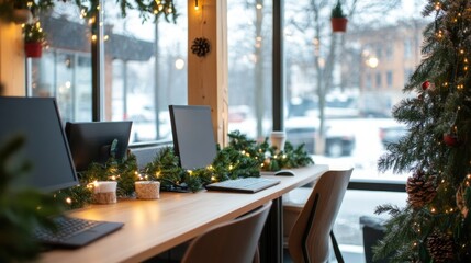 Open office space decorated for Christmas holidays with trees and ornaments, creating warm and festive atmosphere at workplace	
