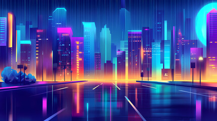 Obraz premium Vibrant neon lights illuminate a futuristic, nostalgic cityscape at night, rain-soaked streets glisten amidst retro-futuristic skyscrapers. Rain-soaked Streets. Illustration