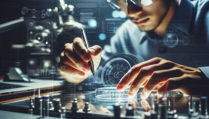 Close-up shot of a person working research in laboratory.