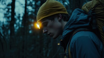 Obraz premium Thoughtful Hiker in Forest at Dusk with Headlamp