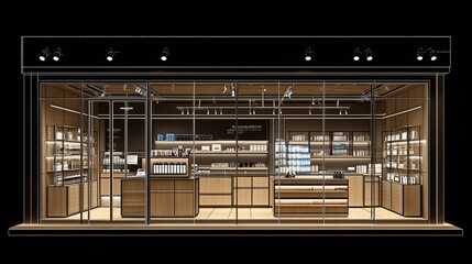 A detailed technical diagram of retail display setup, showing shelves, cabinets, and racks made of wood, metal, and glass materials. Emphasized the outline and details of the structure