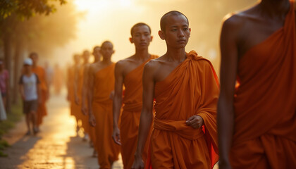 Silhouetted Buddhist Monks Walking in Single File Along Urban Street During Golden Hour Sunset