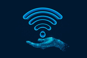 Digital human hand holding a wifi signal representing innovation and technology, Wireless network, on blue background