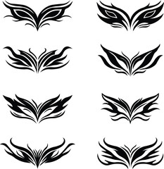 Tribal tattoo icons set. Silhouette flat and line black vector isolated on transparent background Neo tribal y2k aesthetic tattoo gothic cover, fire or wings abstract element collection. Divider body.