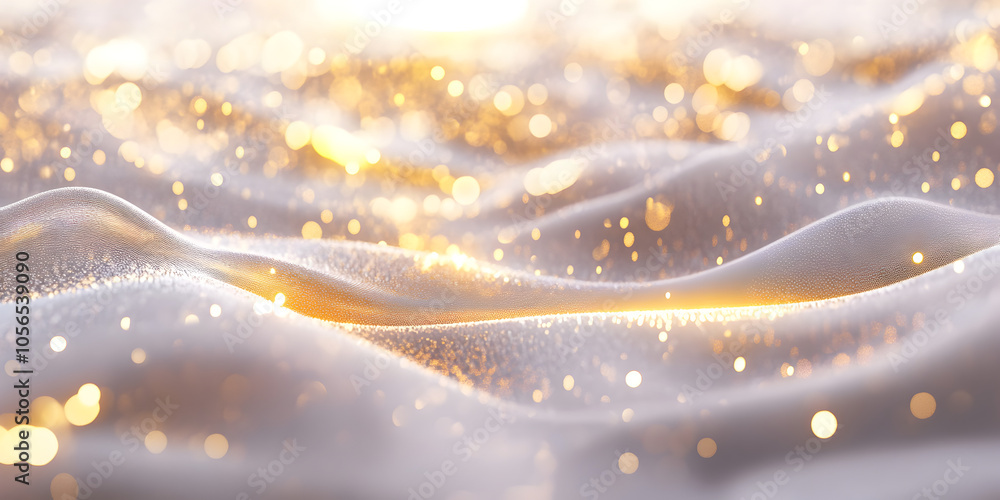 Poster golden waves of light: abstract 3d render of shimmering fabric with golden bokeh lights, perfect for