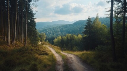 A lone hiker walks a winding dirt road through a lush forest, with mountains in the distance.