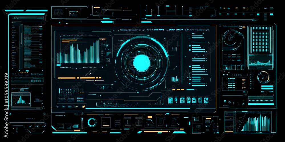 Poster futuristic tech interface: a sleek, futuristic interface with glowing blue and orange accents, featu