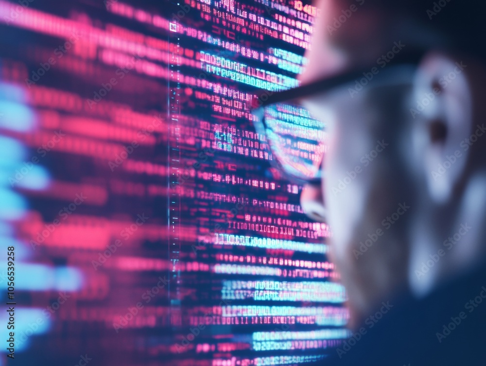Poster cybersecurity professional in dark, futuristic workspace monitoring digital threats
