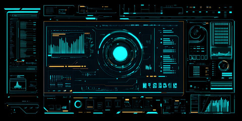 Fototapeta premium Futuristic Tech Interface: A sleek, futuristic interface with glowing blue and orange accents, featuring a central circular display and a multitude of data visualizations.
