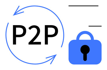 P2P text with circular arrows at the left and a blue lock on the right. Ideal for technology and security and data transfer and encryption and peer-to-peer networks. Line art and modern style