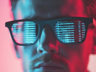 Futuristic Cybersecurity Professional with Data Reflections in Glasses