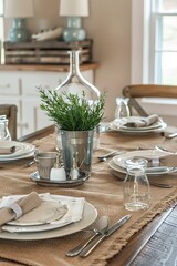 Farmhouse chic Memorial Day decor at the table with burlap table runners and galvanized metal accents, evoking rustic charm and simplicity.