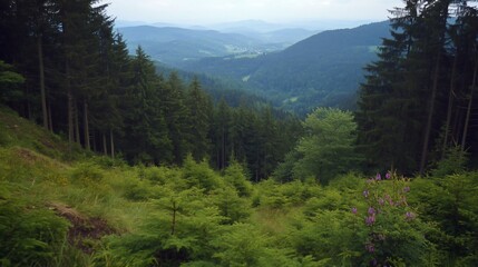 Obraz premium A scenic view of a lush green valley surrounded by dense coniferous forests.