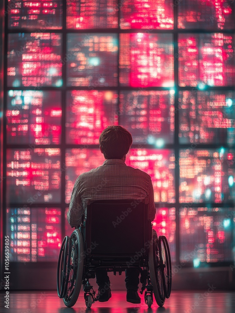 Poster inclusive cybersecurity wheelchair user in high-tech server room