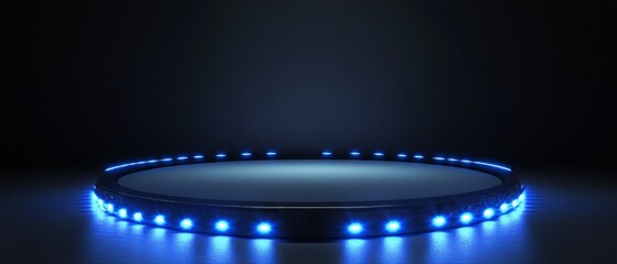 A futuristic stage with blue lights and a circular platform in the center