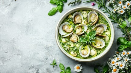 Delicious white pot of clams in vibrant green sauce, beautifully presented with fresh flowers and herbs on a light gray background, showcasing the freshness and culinary artistry of this dish.