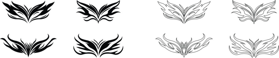 Tribal tattoo icons set. Silhouette flat and line black vector isolated on transparent background Neo tribal y2k aesthetic tattoo gothic cover, fire or wings abstract element collection. Divider body.