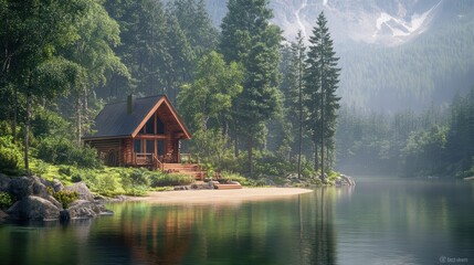 Fototapeta premium Cabin, lake, forest, mountains, reflections.