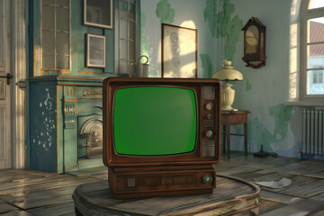  Animated retro vintage portable television in old style room with green screen