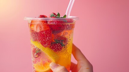 A hand holding an ice cold transparent plastic cup with a straw, filled with colorful lemonade and strawberries in it