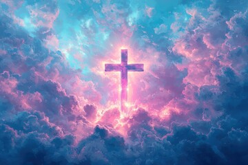 Naklejka premium Religion and clouds symbolism concept. A radiant cross illuminated in vibrant clouds symbolizing faith and spirituality amidst a colorful sky