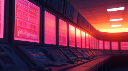 Futuristic control room with glowing screens and advanced technology, designed for automation and data management.