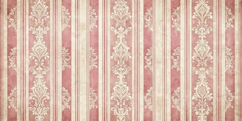Vintage-inspired pink and white striped wallpaper with a distressed finish and ornate patterns, feminine charm, pink backgrounds