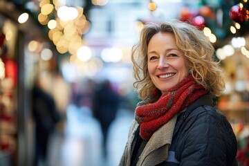 Fototapeta premium Happy smiling middle aged woman in winter clothes at street Christmas market in Paris 