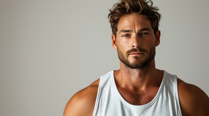 Fototapeta premium A professional photoshoot of an attractive muscular man with short hair and beard wearing white blank athletic tank top,