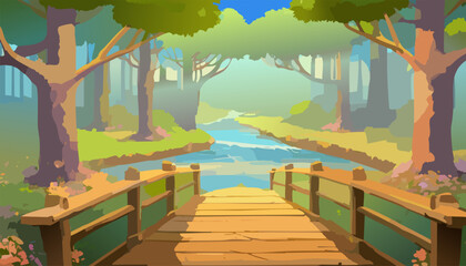 Wooden bridge in the forest. Vector illustration.