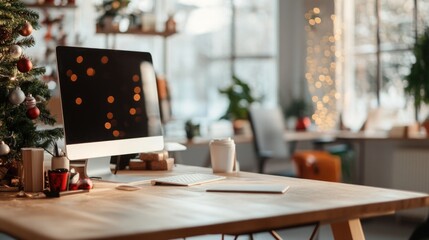 Open office space decorated for Christmas holidays with trees and ornaments, creating warm and festive atmosphere at workplace	
