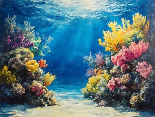 Naklejka premium Underwater painting of a vibrant coral reef with sunlight shining through the water.