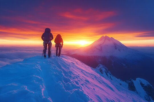 climbers reaching the summit of a snow-capped mountain at sunrise, with clouds below and dramatic peaks in the distance. climbers reaching mountain summit at sunrise