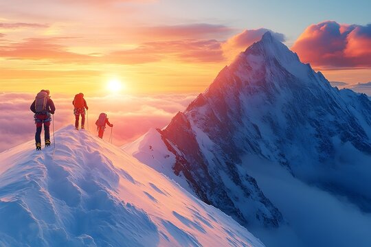 climbers reaching the summit of a snow-capped mountain at sunrise, with clouds below and dramatic peaks in the distance. climbers reaching mountain summit at sunrise