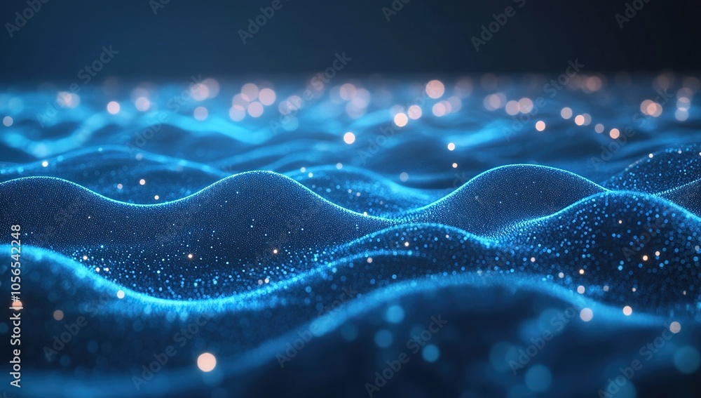 Poster abstract blue wave pattern with glowing particles.