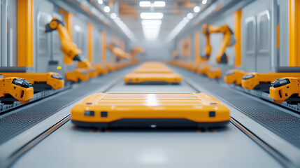 Fototapeta premium An advanced robotics assembly line with automated robots and transport carts, showcasing modern manufacturing technology in a sleek environment.
