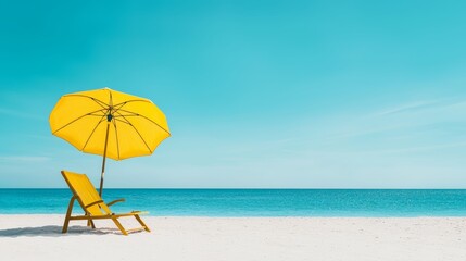 Yellow Beach Umbrella and Chair on Sandy Beach
