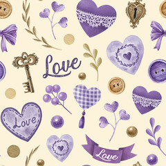 Valentines Day seamless pattern in tender colors. Hand drawn vintage style hearts, lavender flowers, romantic elements. Perfect for love-themed designs and gift packaging