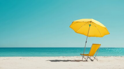 Yellow Beach Umbrella and Chair on Sandy Beach with Turquoise Water