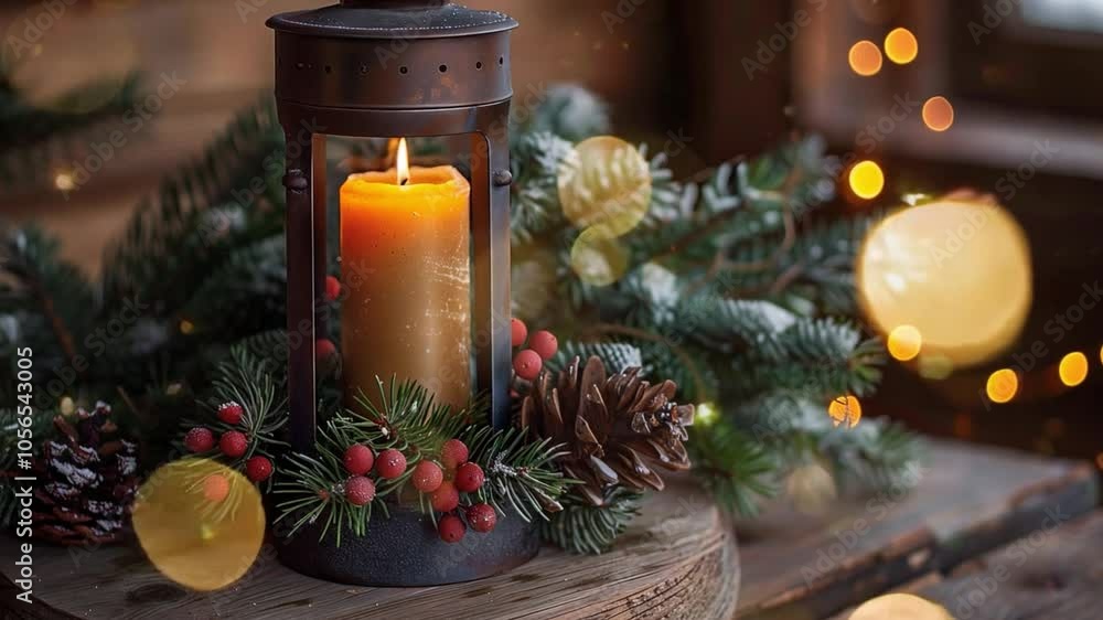 Poster this glowing candle lantern surrounded by pine branches and red berries creates a festive atmosphere