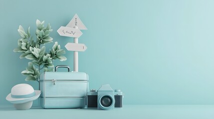Blue suitcase and hat, camera with signpost on pastel blue background. travel concept. 3d rendering. 