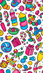 Seamless Pattern Whimsical Christmas and New Year Doodles  Featuring Festive Icons, Cozy Winter Scenes, and Seasonal Decorations in Vibrant Colors