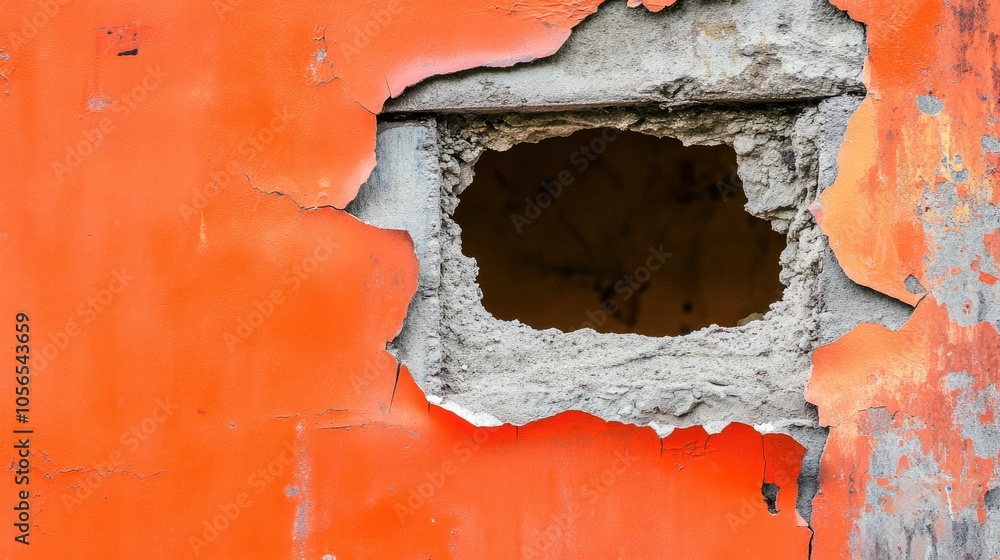 Poster an abstract scene of an orange wall with a hole and broken pieces, creating a dynamic visual of dest