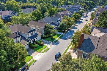 An aerial view of a suburban street with houses, trees, and a car driving on the road.