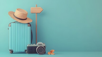Blue suitcase and hat, camera with signpost on pastel blue background. travel concept. 3d rendering. 