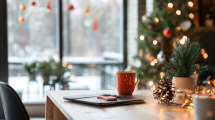 Open office space decorated for Christmas holidays with trees and ornaments, creating warm and festive atmosphere at workplace	
